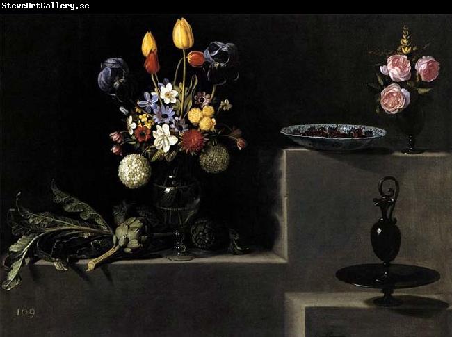 HAMEN, Juan van der Still Life with Flowers, Artichokes, Cherries and Glassware